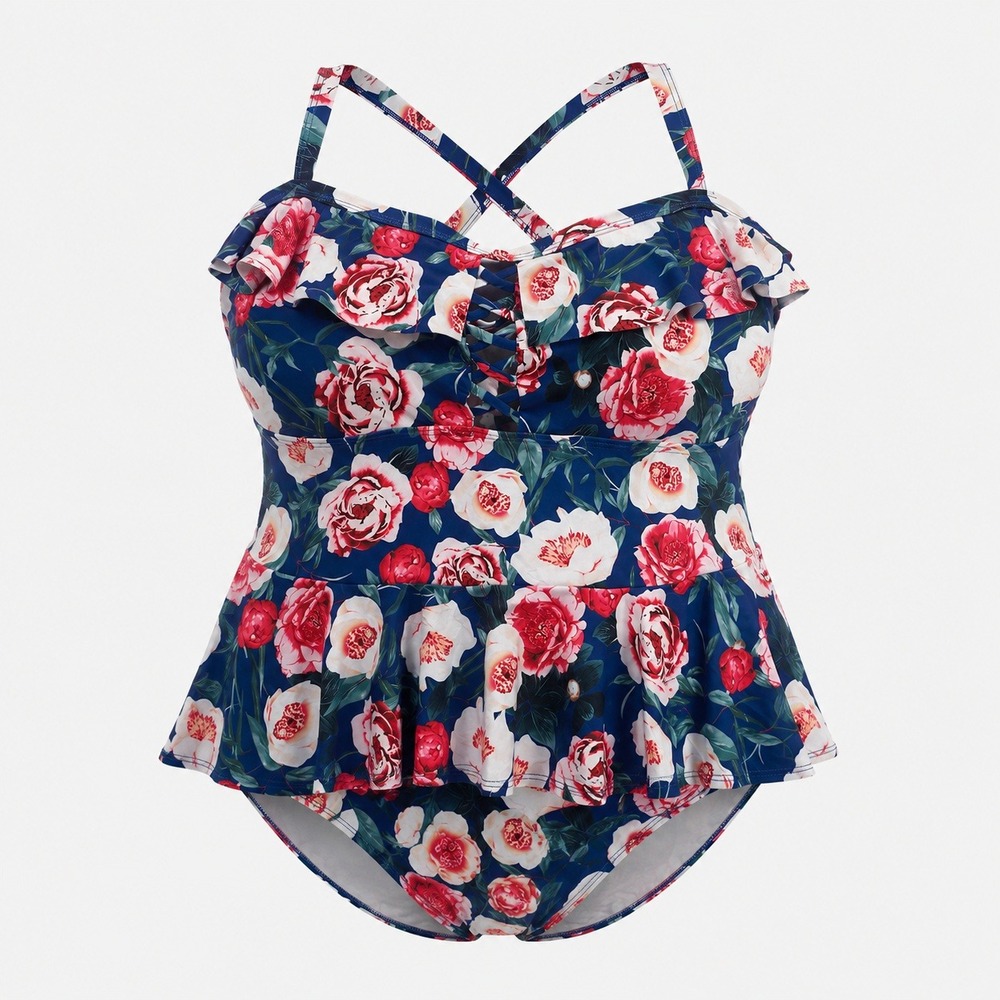 Tankini Swimsuit Women 4XL Blue Floral Two Piece Adjustable Straps Peplum Top